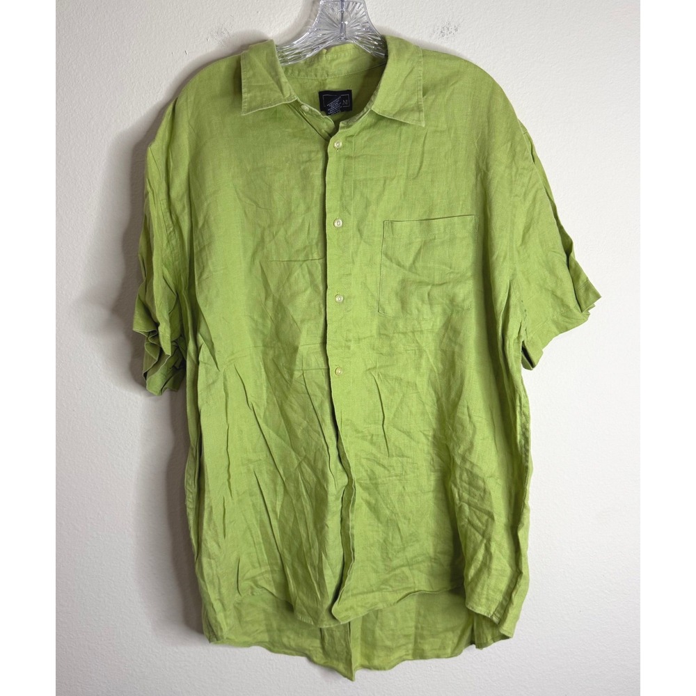 Cezani Button Down Men XL Lime Green 100% Linen Short Sleeve Shirt Casual Pocket